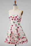 Pink Red Flower A-Line Spaghetti Straps Short Homecoming Dress with Embroidery
