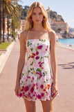 Pink Red Flower A-Line Spaghetti Straps Short Homecoming Dress with Embroidery