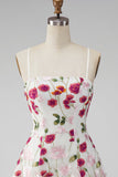 Pink Red Flower A-Line Spaghetti Straps Short Homecoming Dress with Embroidery