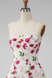 Pink Red Flower A-Line Spaghetti Straps Short Homecoming Dress with Embroidery