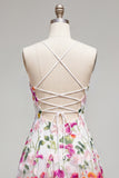 Pink Red Flower A-Line Spaghetti Straps Short Homecoming Dress with Embroidery