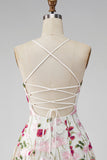 Pink Red Flower A-Line Spaghetti Straps Short Homecoming Dress with Embroidery