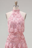 Pink A-Line Halter Neck Sequins Short Homecoming Dress with 3D Flowers