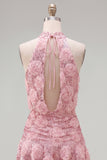 Pink A-Line Halter Neck Sequins Short Homecoming Dress with 3D Flowers