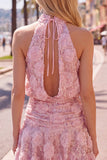 Pink A-Line Halter Neck Sequins Short Homecoming Dress with 3D Flowers