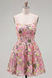 Pink A-Line Spaghetti Straps Lace Up Back Floral Homecoming Dress with Embroidery