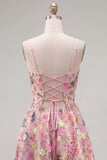 Pink A-Line Spaghetti Straps Lace Up Back Floral Homecoming Dress with Embroidery