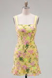 Yellow Bodycon Floral Embroidered Ruffled Homecoming Dress with Lace Up Back