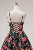 A-Line Black Red Flower Embroidered Homecoming Dress with Lace Up Back