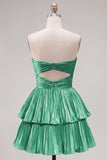 Metallic Green A-Line Tiered Sweetheart Pleated Ruched Cut Out Homecoming Dress