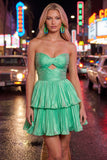 Metallic Green A-Line Tiered Sweetheart Pleated Ruched Cut Out Homecoming Dress