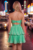 Metallic Green A-Line Tiered Sweetheart Pleated Ruched Cut Out Homecoming Dress