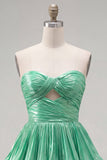 Metallic Green A-Line Tiered Sweetheart Pleated Ruched Cut Out Homecoming Dress