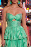 Metallic Green A-Line Tiered Sweetheart Pleated Ruched Cut Out Homecoming Dress