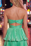 Metallic Green A-Line Tiered Sweetheart Pleated Ruched Cut Out Homecoming Dress