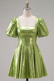 Yellow Metallic A-Line Square Neck Homecoming Dress with Puff Sleeves