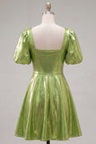 Yellow Metallic A-Line Square Neck Homecoming Dress with Puff Sleeves