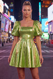 Yellow Metallic A-Line Square Neck Homecoming Dress with Puff Sleeves