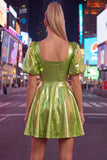 Yellow Metallic A-Line Square Neck Homecoming Dress with Puff Sleeves