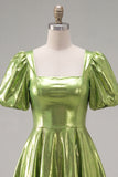 Yellow Metallic A-Line Square Neck Homecoming Dress with Puff Sleeves