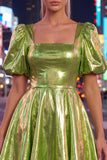 Yellow Metallic A-Line Square Neck Homecoming Dress with Puff Sleeves