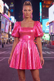 Yellow Metallic A-Line Square Neck Homecoming Dress with Puff Sleeves