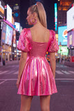 Yellow Metallic A-Line Square Neck Homecoming Dress with Puff Sleeves