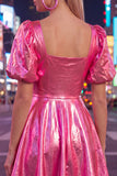 Yellow Metallic A-Line Square Neck Homecoming Dress with Puff Sleeves