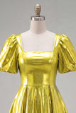 Yellow Metallic A-Line Square Neck Homecoming Dress with Puff Sleeves