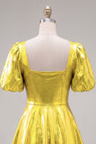 Yellow Metallic A-Line Square Neck Homecoming Dress with Puff Sleeves