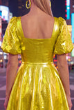 Yellow Metallic A-Line Square Neck Homecoming Dress with Puff Sleeves
