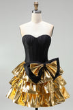A-Line Black Golden Tiered Sweetheart Corset 80s Homecoming Dress with Bow