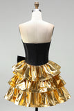 A-Line Black Golden Tiered Sweetheart Corset 80s Homecoming Dress with Bow