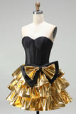 A-Line Black Golden Tiered Sweetheart Corset 80s Homecoming Dress with Bow
