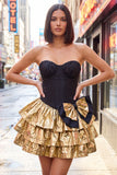 A-Line Black Golden Tiered Sweetheart Corset Homecoming Dress with Bow