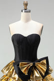 A-Line Black Golden Tiered Sweetheart Corset 80s Homecoming Dress with Bow