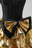 A-Line Black Golden Tiered Sweetheart Corset 80s Homecoming Dress with Bow
