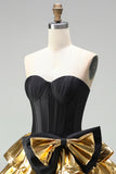 A-Line Black Golden Tiered Sweetheart Corset 80s Homecoming Dress with Bow