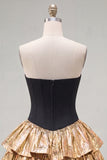 A-Line Black Golden Tiered Sweetheart Corset Homecoming Dress with Bow
