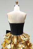 A-Line Black Golden Tiered Sweetheart Corset 80s Homecoming Dress with Bow