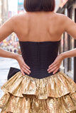 A-Line Black Golden Tiered Sweetheart Corset Homecoming Dress with Bow