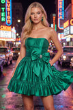Strapless Dark Green A-Line Ruffles Homecoming Dress with Bow