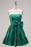 Strapless Dark Green A-Line Ruffles Homecoming Dress with Bow