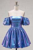 Off the Shoulder Blue A-Line Metallic Homecoming Dress with Puff Sleeves