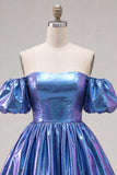 Off the Shoulder Blue A-Line Metallic Homecoming Dress with Puff Sleeves