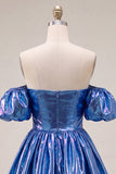 Off the Shoulder Blue A-Line Metallic Homecoming Dress with Puff Sleeves