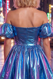 Off the Shoulder Blue A-Line Metallic Homecoming Dress with Puff Sleeves