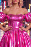 Off the Shoulder Blue A-Line Metallic Homecoming Dress with Puff Sleeves