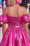 Off the Shoulder Blue A-Line Metallic Homecoming Dress with Puff Sleeves