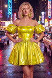 Off the Shoulder Blue A-Line Metallic Homecoming Dress with Puff Sleeves